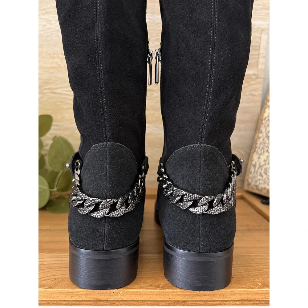 Karl Lagerfeld Paris Black Suede Knee High Chain Detail Boots Lug Sole Size 7.5